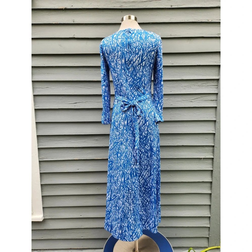 Vintage 70s Maxi Dress Blue White Abstract Scribble‎ Print Long Sleeve 10_4